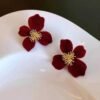 saer013 Korean Earring Red Flower